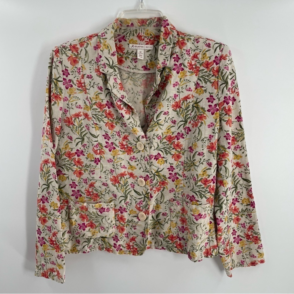JM Collection 100% Linen Floral Long Sleeve Pockets Button Front Blazer Jacket